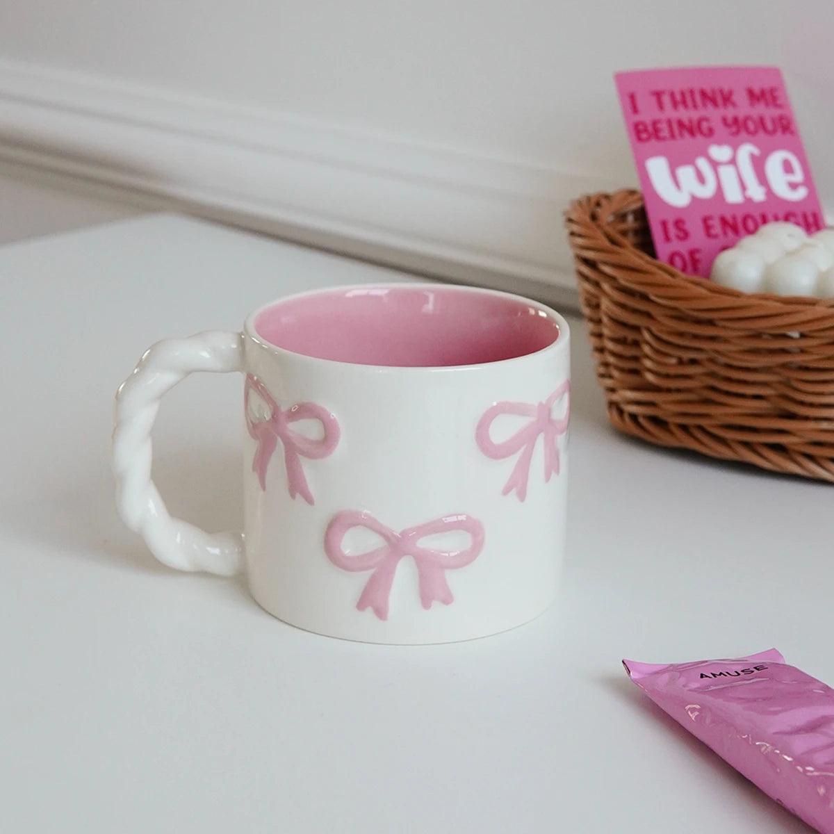 Pink Bow Ceramic Mug - 13.4oz Twist Handle Coffee Cup
