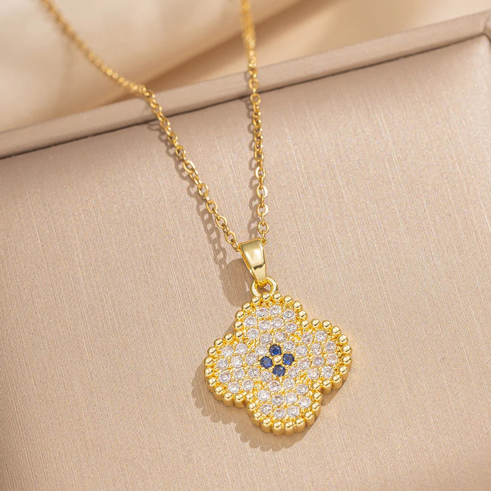 LENNIK Premium Lucky Clover Luxury Full Zircon Micro Pave Earrings Necklace Ring Set, Versatile for Daily/Party, Perfect Gift