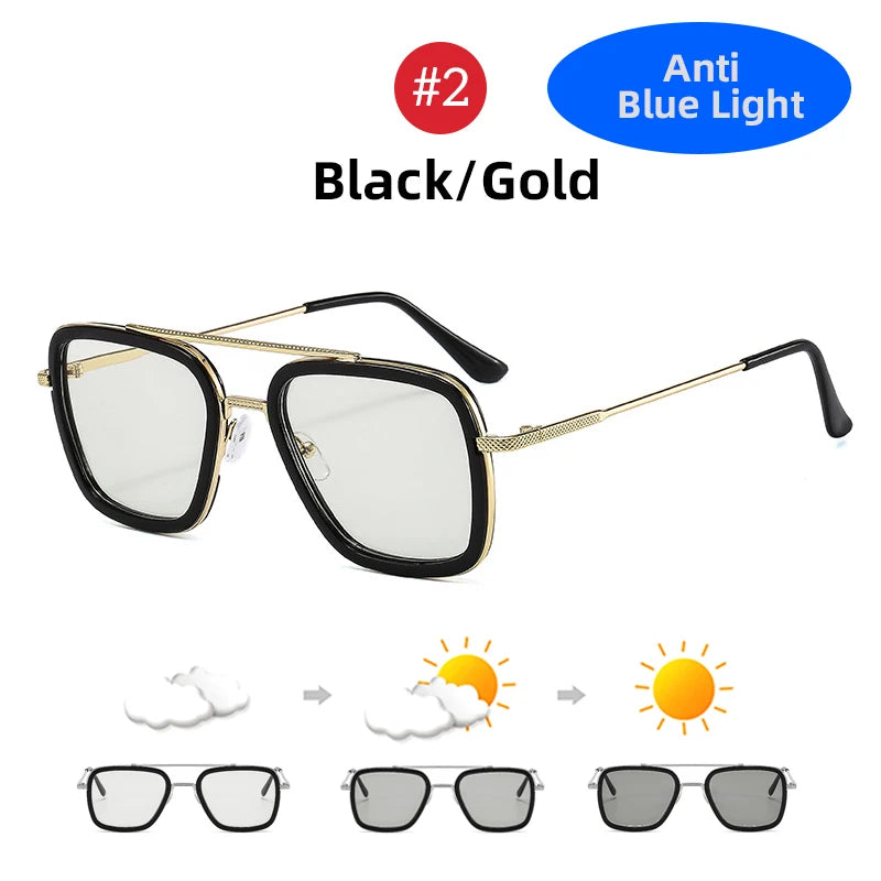 VIVIBEE Square Photochromic Glasses Men Anti Blue Light Blocking Eyeglasses Computer Ray Retro Square Metal Women Eyewear