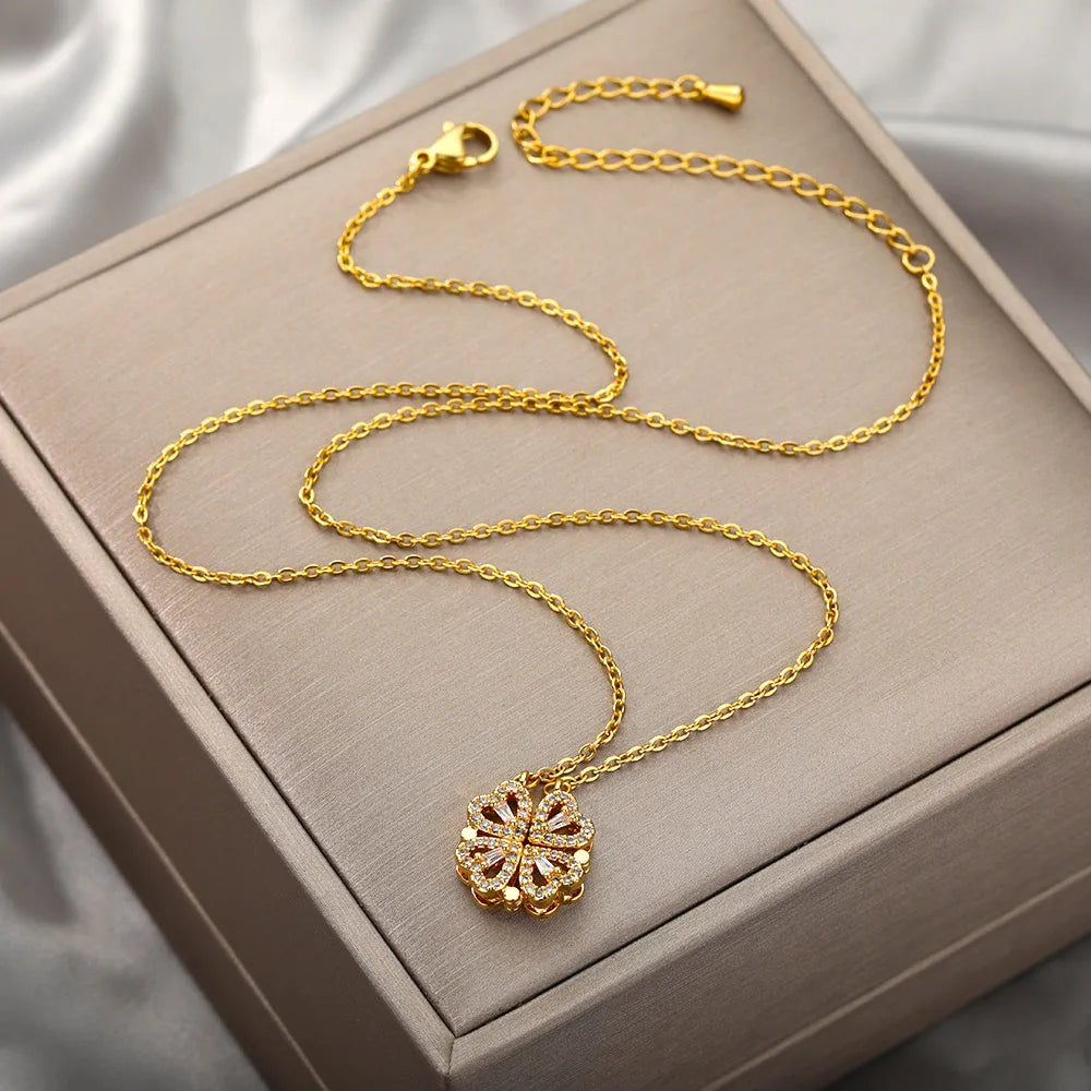 Vintage Lucky Four Leaf Clover Pendant Necklace - Zircon Jewelry