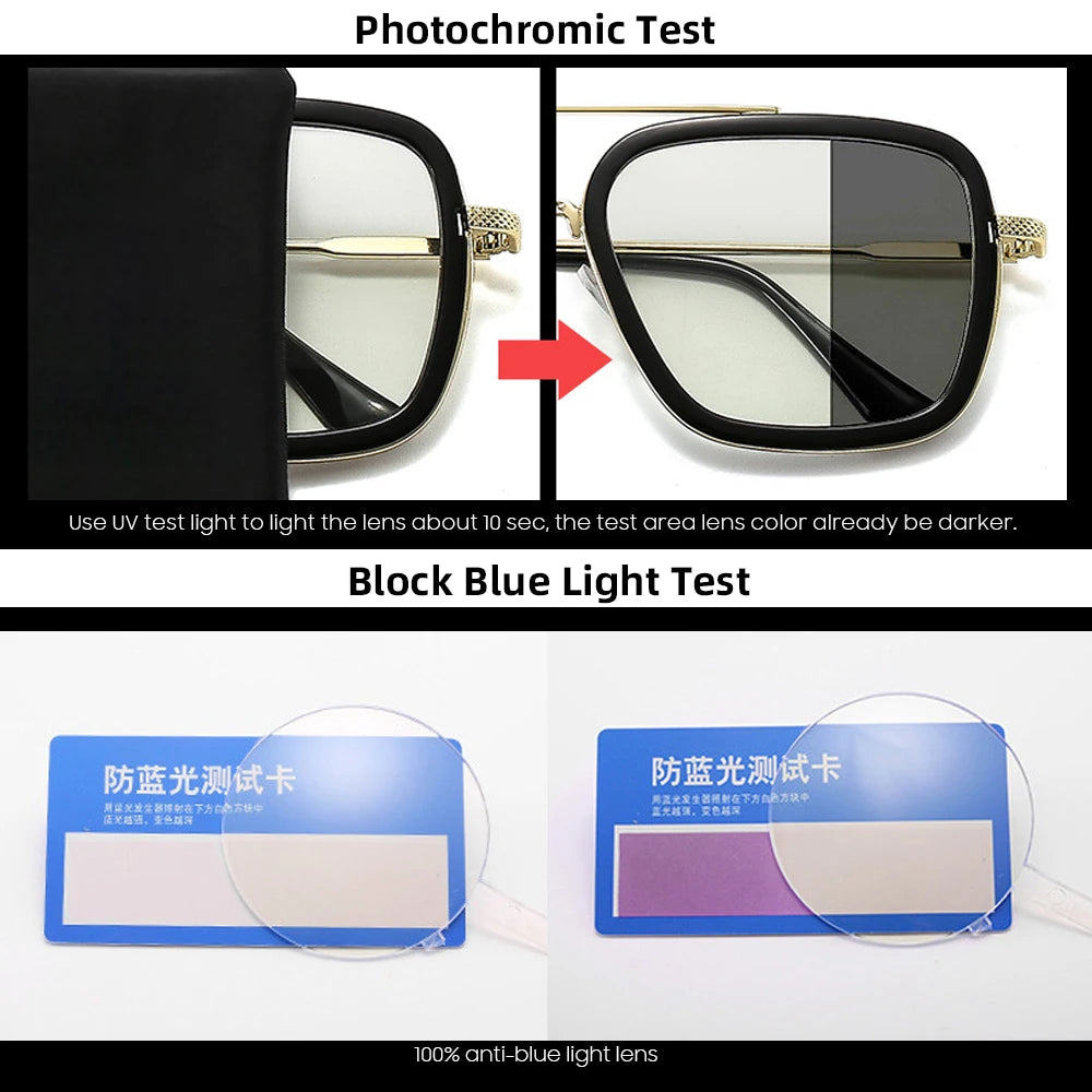 VIVIBEE Square Photochromic Glasses Men Anti Blue Light Blocking Eyeglasses Computer Ray Retro Square Metal Women Eyewear