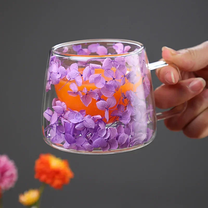 Double Wall Glass Cup 200ml Clear Flowers Pattern Milk Tea Coffee Mug with Handle Gifts Friends Home Water Cup Drinking Glasses