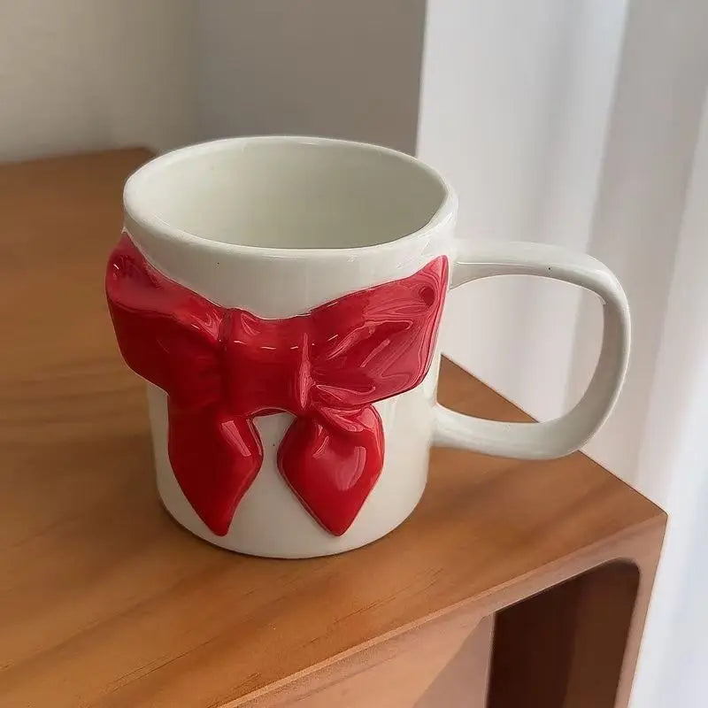 Bowtie Pink Coffee Cup Korean High Beauty Girl Heart Ceramic Mug with Spoon Girl School Home Breakfast Cup Drinkware