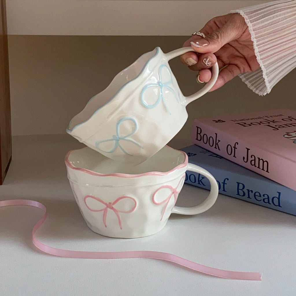 1Pc Bow Ceramic Mug, Exquisite and Simple Bow Large Capacity Couple Cup, Suitable for Home Decoration, Home Drinking Water, Candlelight Dinner, Coffee Latte Flower Cup, Holiday Gift, Exquisite Gift