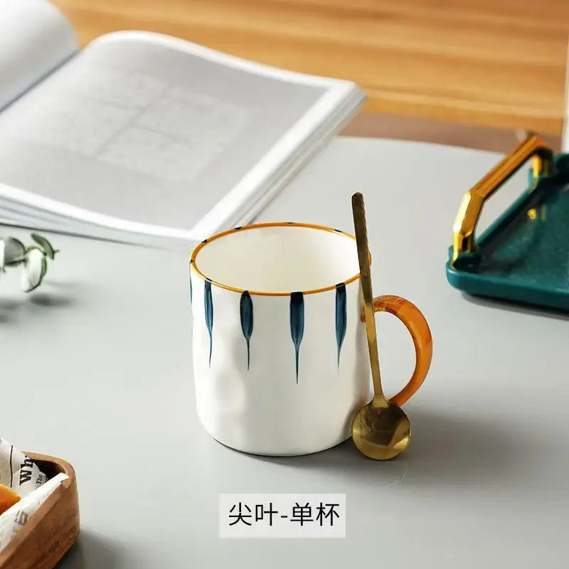 Japanese Hand-Painted Ceramic Mug with Lid & Spoon - Office Coffee Cup