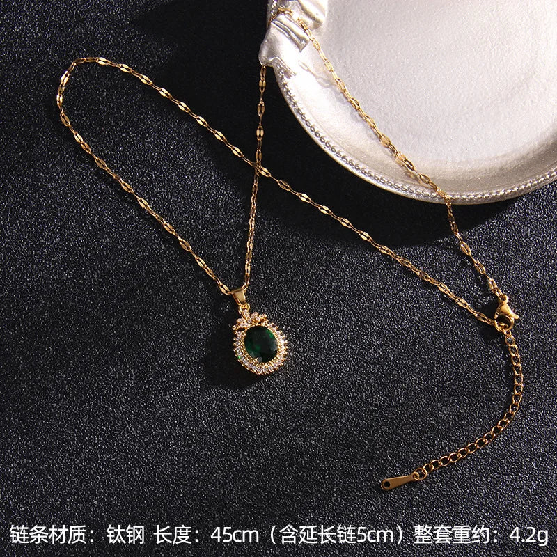 Luxury Vintage Green Zircon Pendant Necklaces for Women Lady Stainless Steel Chain Elegant Collar Accessories Jewelry Gifts