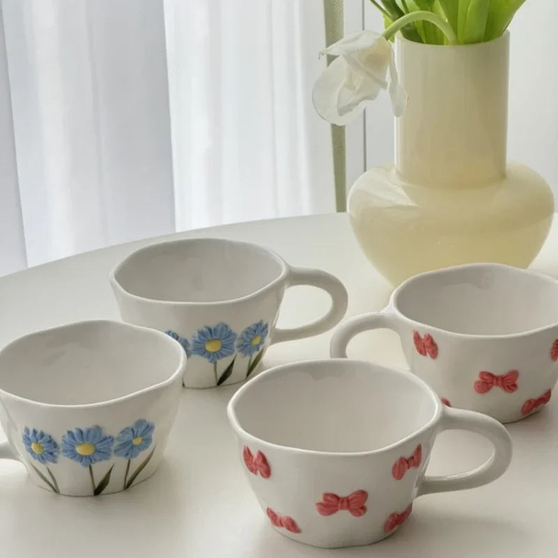 Hand-drawn Relief Ceramic Mug - 250ml Daisy Design Coffee Cup