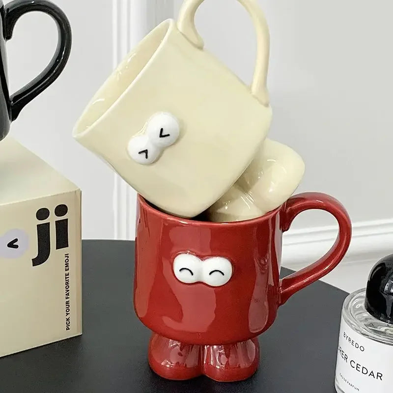 Interesting Big Eyed Ceramic Mug, Cute Red Black and White Coffee Mugs, Office Breakfast Birthday Gift Teacup, Couple Water Cups