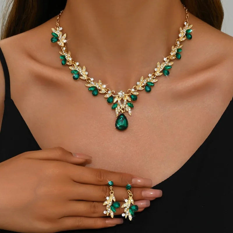 3-Piece Sparkling Leaf Jewelry Set - Water Drop Necklace & Earrings