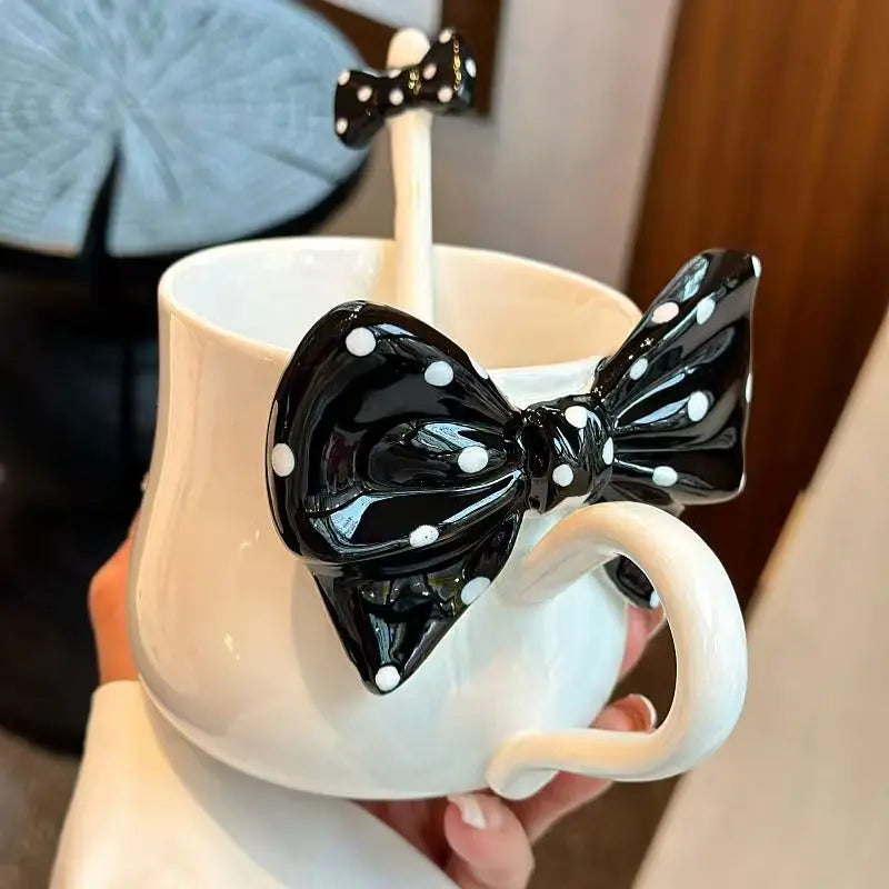 Bowtie Pink Coffee Cup Korean High Beauty Girl Heart Ceramic Mug with Spoon Girl School Home Breakfast Cup Drinkware