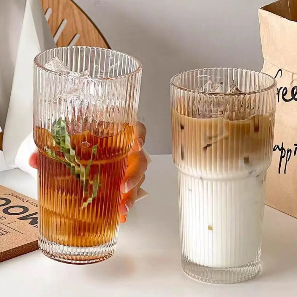 600ml Vertical Striped Glass Coffee Mug with Lid and Straw, Transparent Tea Mug for Americano, Cappuccino, Tea and Drinks