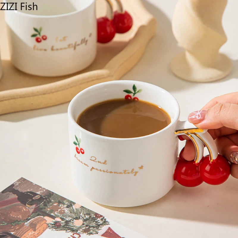 Cherry Printed Pattern Mugs Gilding Edge Porcelain Cup Tableware Coffee Mug Dining Table Afternoon Tea Teacup Fruits Juice Cup