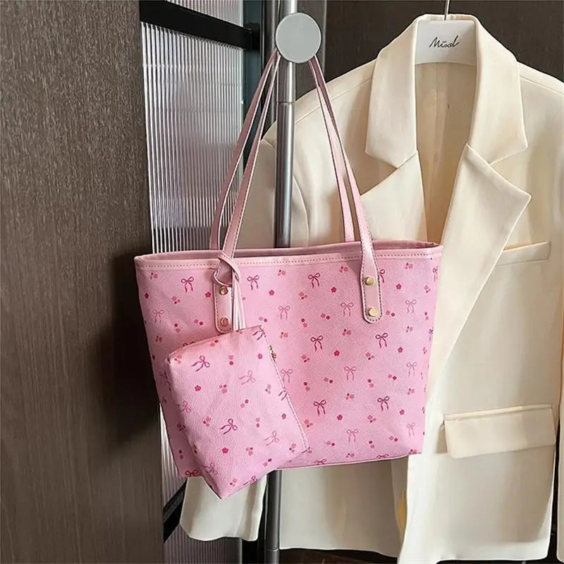 Women PU Floral Tote Bag Fashion Shoulder Bag Large Capacity Simple Tote Handbag Trendy Work Hobos Outdoor Travel Bag