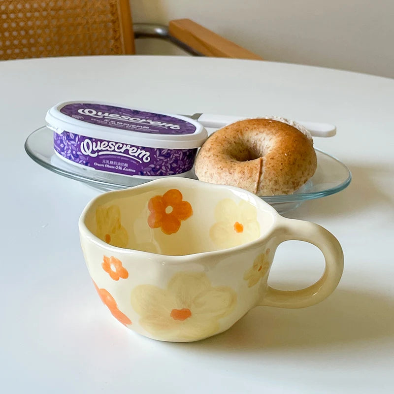 Ceramic Mugs Coffee Cups Hand Pinched Irregular Flower Milk Tea Cup ins korean style Oatmeal Breakfast Mug Drinkware Kitchen