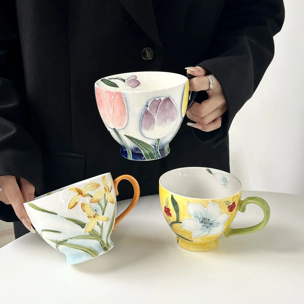High Aesthetic Relief Flower Ceramic Mug with Spoon, Hand-painted Large Capacity Milk Coffee Mug, Office Tea Cup, Birthday Gift