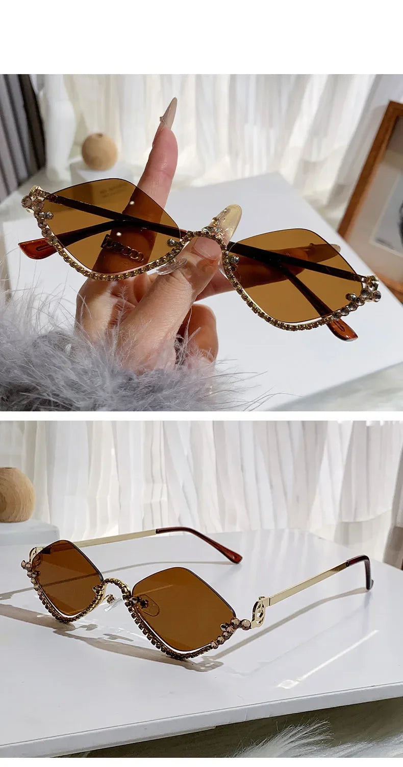 Diamond Vintage Brand Designer rhombus Sunglasses Women For Female Luxury Sun Glasses Punk Popular Half Frame Rhinestone Eyewear