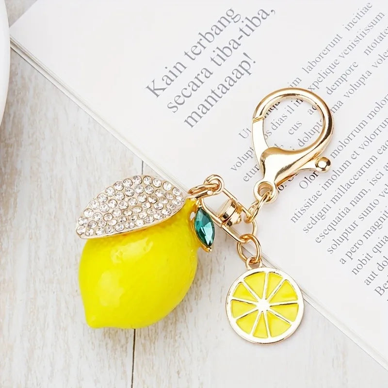 Summer Style Decorative Alloy Rhinestone Lemon Keychain with Lobster Clasp, Fruit Key Ring Bag & Car Decoration