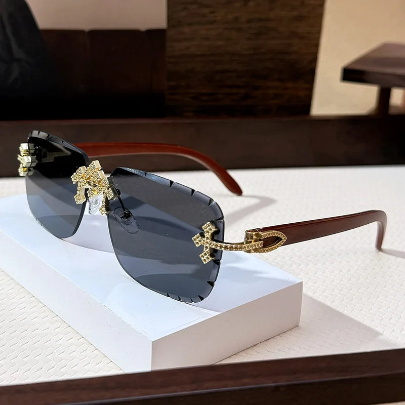 Vintage Rimless Square Cutting Lens Sunglasses Women For Men Luxury Brand Designer Popular Punk Fashion Diamond Cross Sun Glass