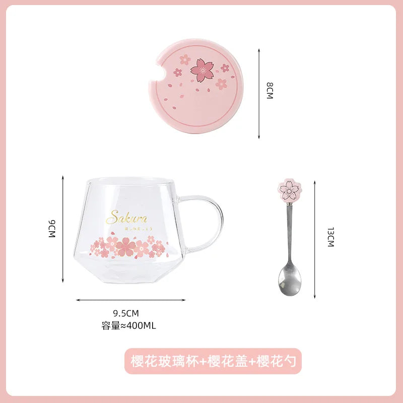 Sakura Glass Water Cup, Heat-resistant Tea Cups, High Aesthetic Mug, Spoon with Lid, Home Office Milk Coffee Mugs, Holiday Gift