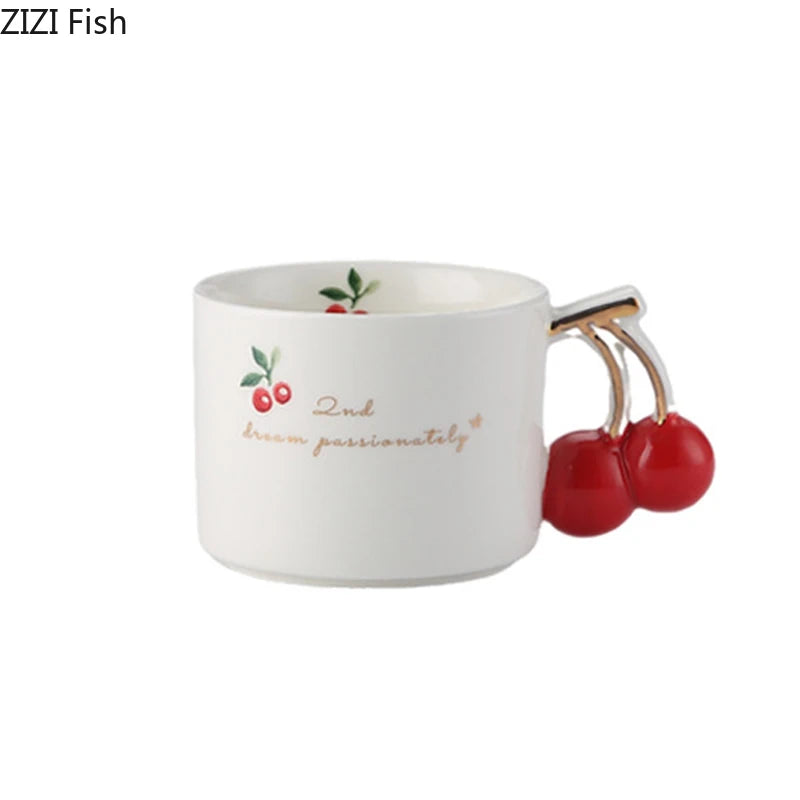 Cherry Printed Pattern Mugs Gilding Edge Porcelain Cup Tableware Coffee Mug Dining Table Afternoon Tea Teacup Fruits Juice Cup