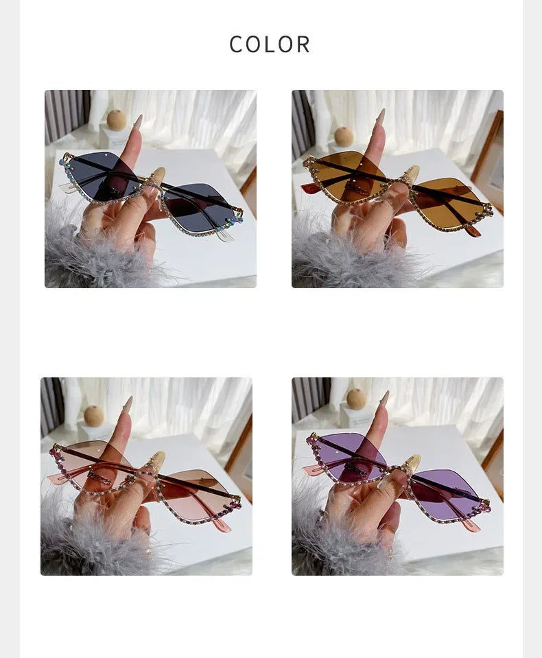 Diamond Vintage Brand Designer rhombus Sunglasses Women For Female Luxury Sun Glasses Punk Popular Half Frame Rhinestone Eyewear