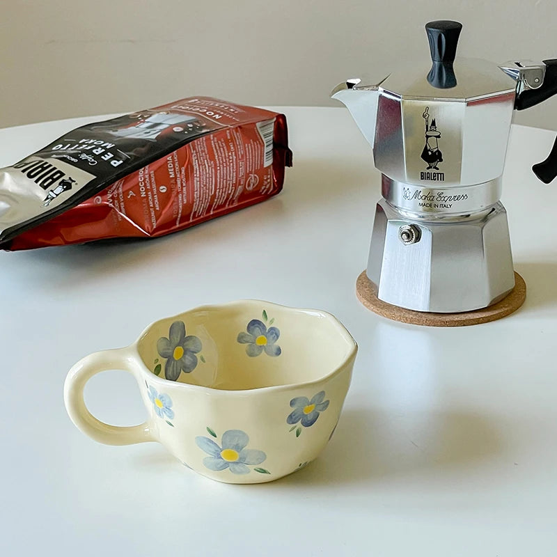 Ceramic Mugs Coffee Cups Hand Pinched Irregular Flower Milk Tea Cup ins korean style Oatmeal Breakfast Mug Drinkware Kitchen