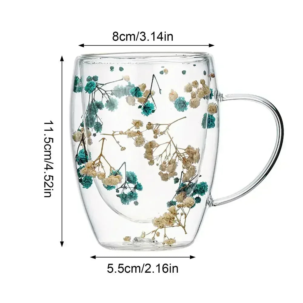 Double Wall Glass Coffee Cup 350ml - Heat Resistant with Dried Flowers