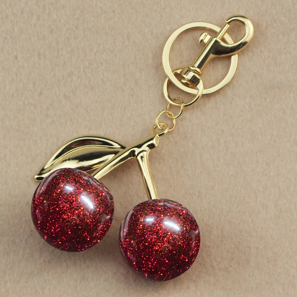 Red Cherry Fruit Bag Charm Keychain - Elegant 3-Color Key Ring for Women