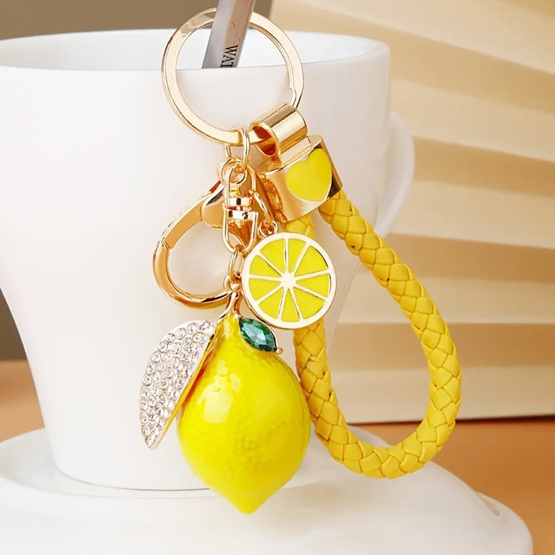 Summer Style Decorative Alloy Rhinestone Lemon Keychain with Lobster Clasp, Fruit Key Ring Bag & Car Decoration