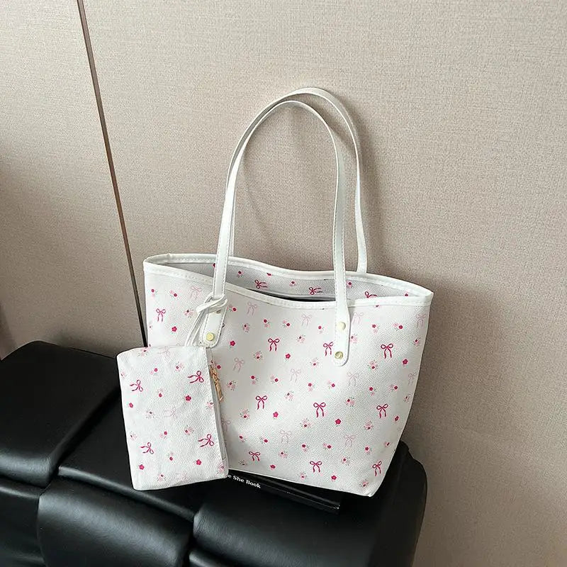 Women PU Floral Tote Bag Fashion Shoulder Bag Large Capacity Simple Tote Handbag Trendy Work Hobos Outdoor Travel Bag