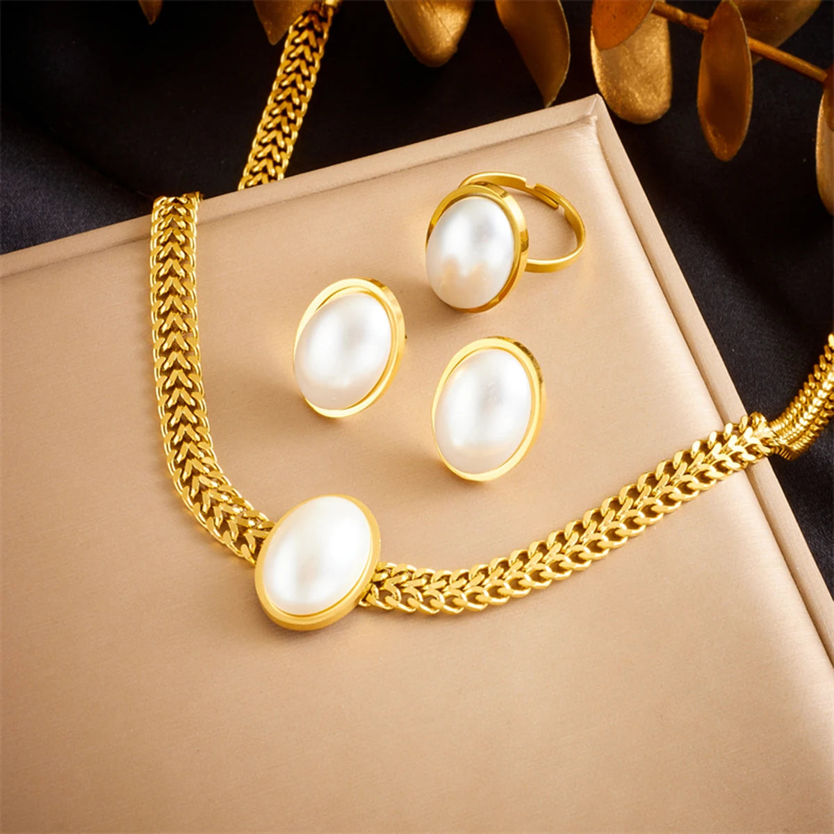 DIEYURO 316L Stainless Steel Square Large Pearl Necklace Earrings Ring For Women Girl New Party Gift Fashion Jewelry Set Bijoux