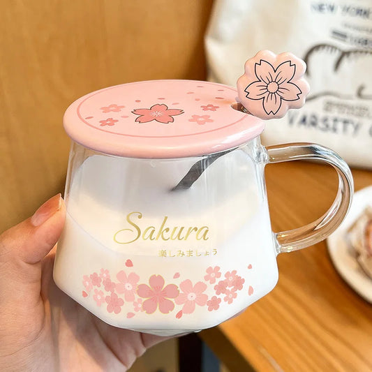 Sakura Glass Water Cup, Heat-resistant Tea Cups, High Aesthetic Mug, Spoon with Lid, Home Office Milk Coffee Mugs, Holiday Gift