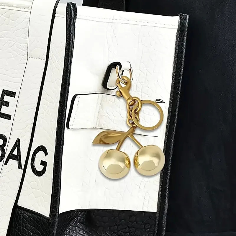 Golden Cherry Keychain Charm - Shiny Resin & Metal Bag Accessory, Elegant Gift for Women, Purse or Handbag Decoration