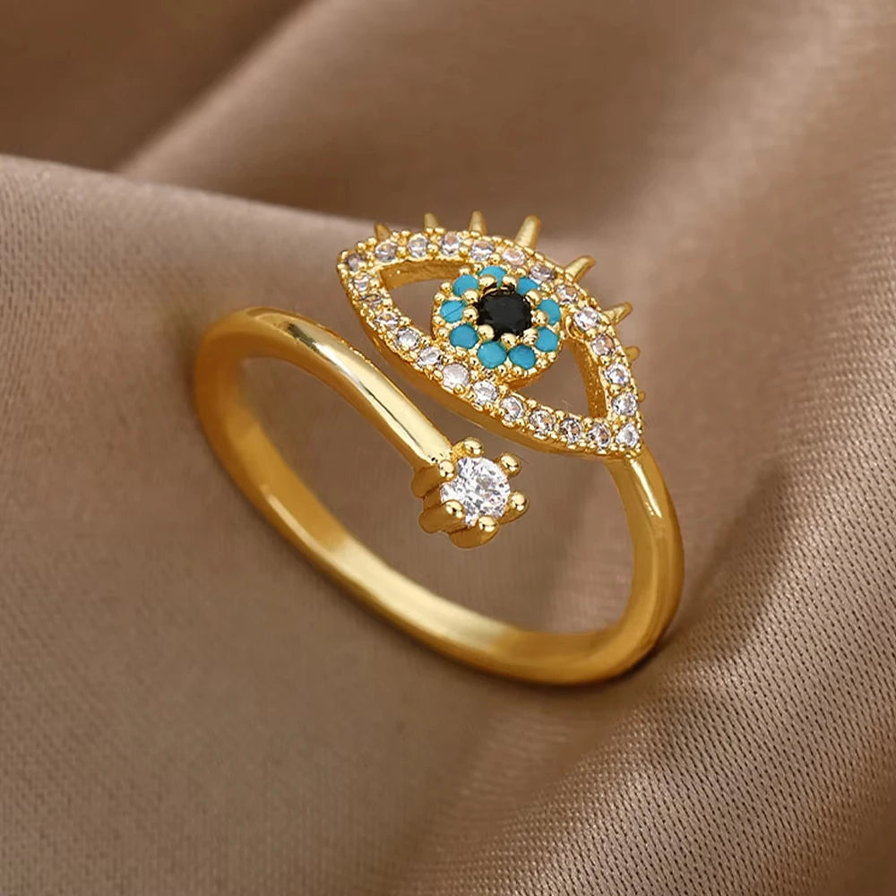 Stainless Steel Zircon Ring - Adjustable Evil Eye Geometric Design