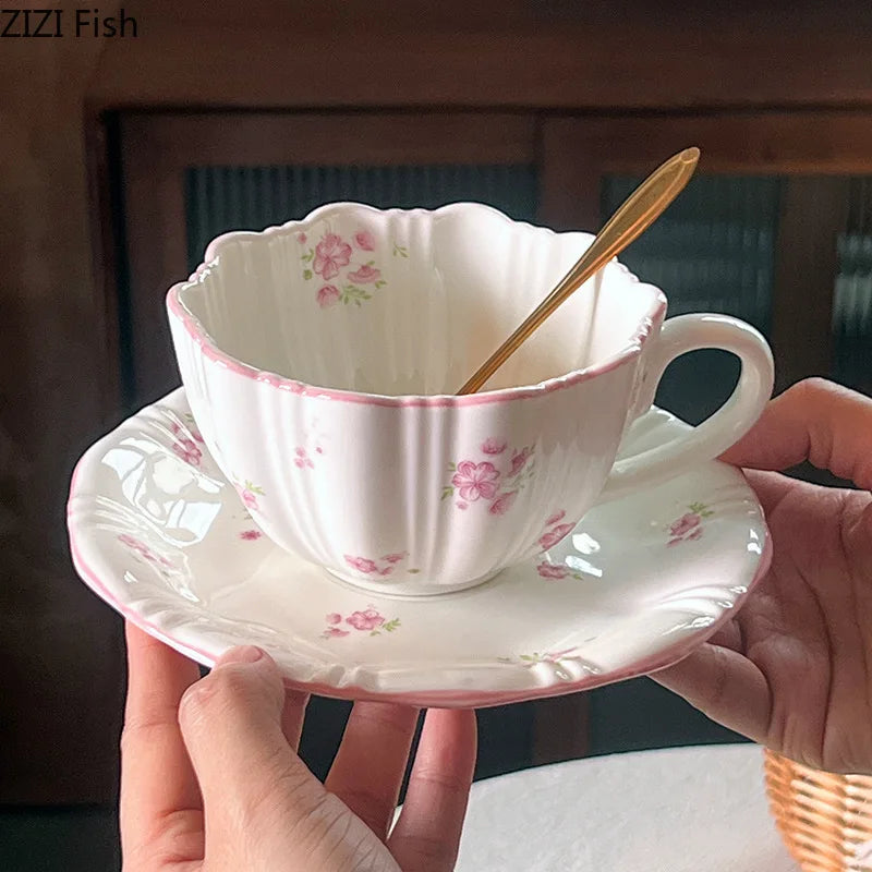 Lovely Pink Cherry Blossoms Mugs Porcelain Cup&saucer Tableware Coffee Mug Dining Table Afternoon Tea Teacup Fruits Juice Cup