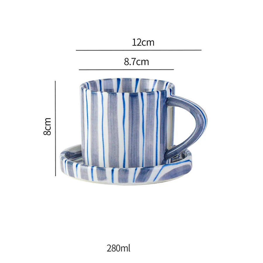 Minimalist Striped Ceramic Cup & Plate Set - 280ml Coffee Tea Set