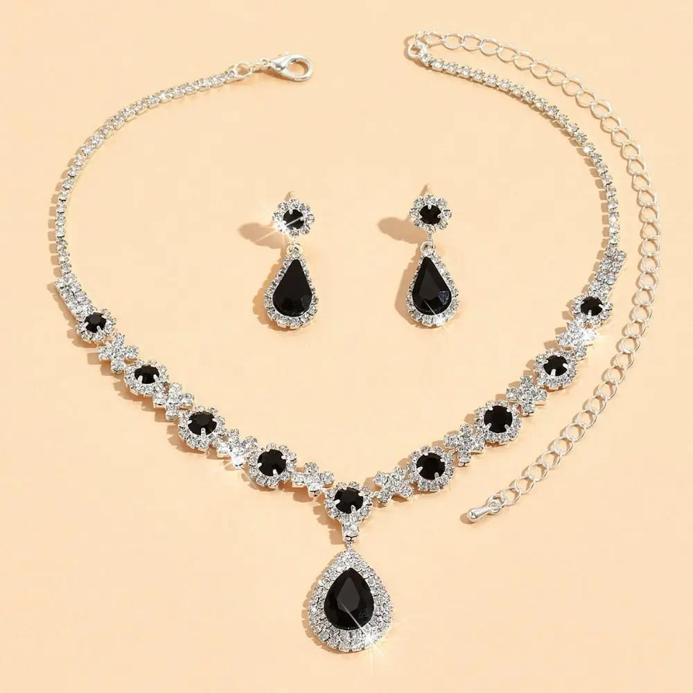 Crystal Jewelry Set - Water Drop Pendant Necklace & Earrings with Zircon