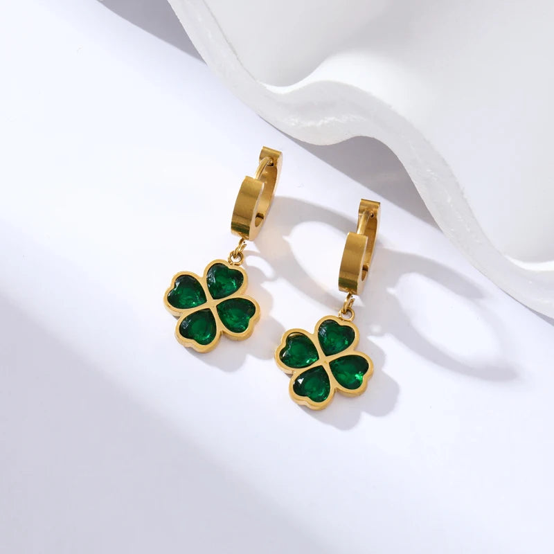 316L Stainless Steel Green Crystal Clover Jewelry Set - Waterproof