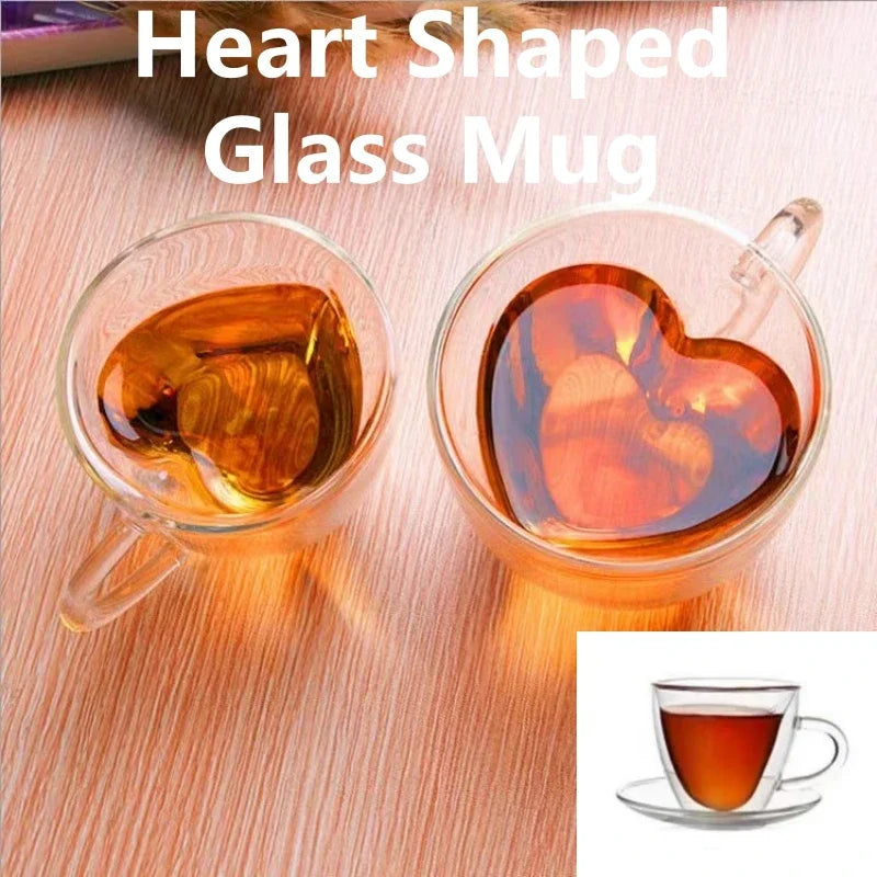 Heart Shaped Mug Double Wall Glass Cup Heat-Resisting Solid Color Wine Glasses Tea Mugs Milk Espresso Coffee Cup for Gift