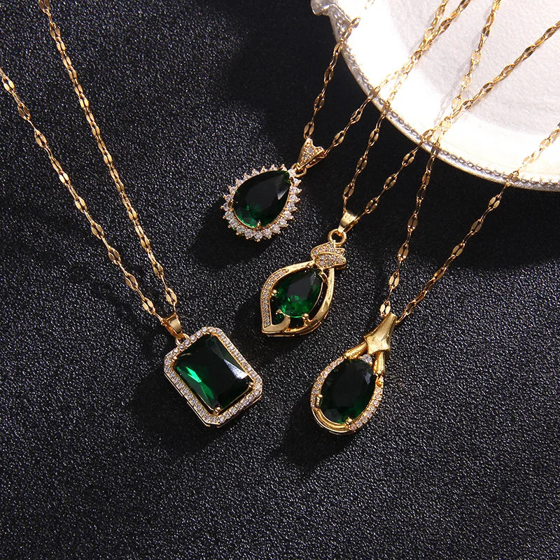 Luxury Vintage Green Zircon Pendant Necklaces for Women Lady Stainless Steel Chain Elegant Collar Accessories Jewelry Gifts