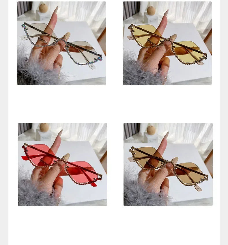 Diamond Vintage Brand Designer rhombus Sunglasses Women For Female Luxury Sun Glasses Punk Popular Half Frame Rhinestone Eyewear