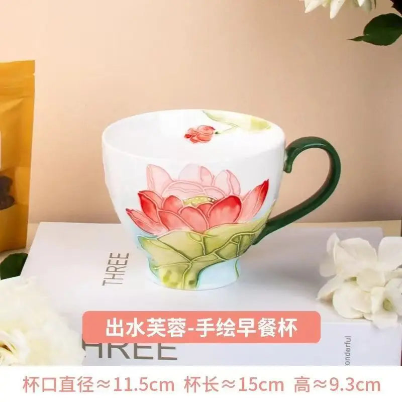 High Aesthetic Relief Flower Ceramic Mug with Spoon, Hand-painted Large Capacity Milk Coffee Mug, Office Tea Cup, Birthday Gift