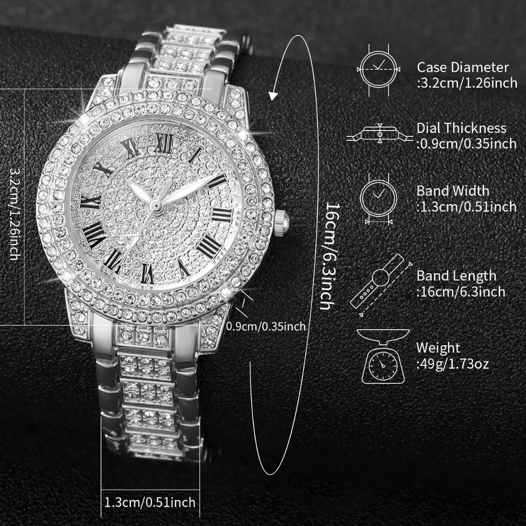 2PCS Women's Watch Fashion Diamond Gold Watch Ladies Wrist Watches Luxury Rhinestone Womens Bracelet Watches Relogio Feminino
