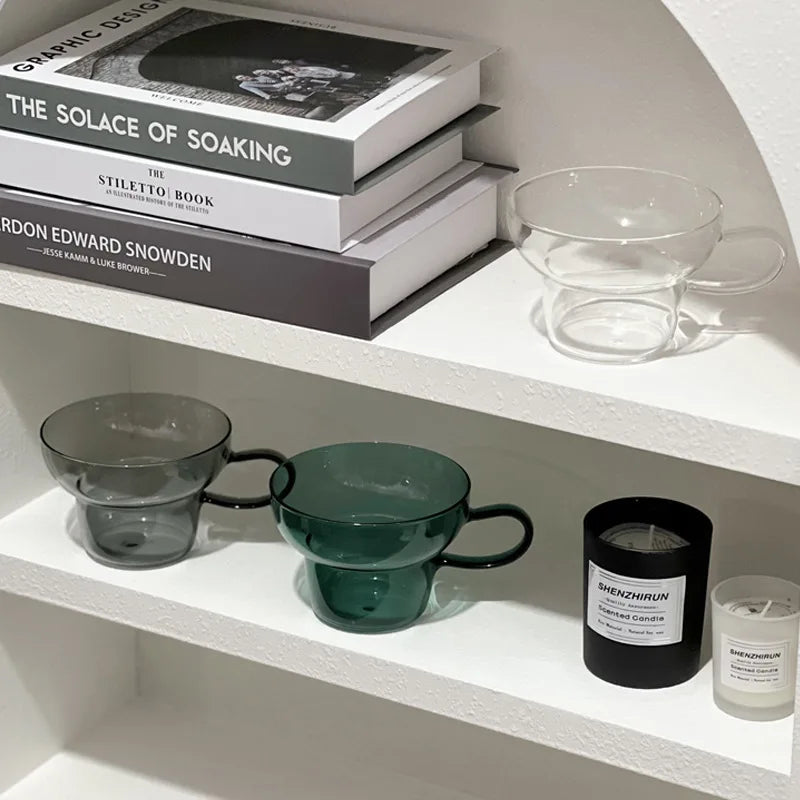 1 Piece 400ml Transparent Teal Grey Colored Heat-resistant Glass Mug Cup Wide-mouth Mug Milk Coffee Tea Cup With Handle
