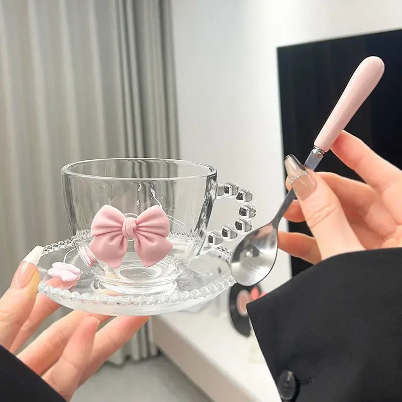 Bow Shaped Glass Cup Niche Design Ins Handle Mug High Aesthetic Water Cup Home Coffee Cup and Plate Set Drinkware