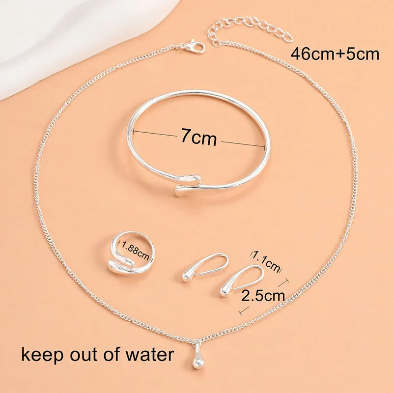 Water Drop Jewelry Set - 4-Piece Fashion Necklace Bracelet Ring Earrings