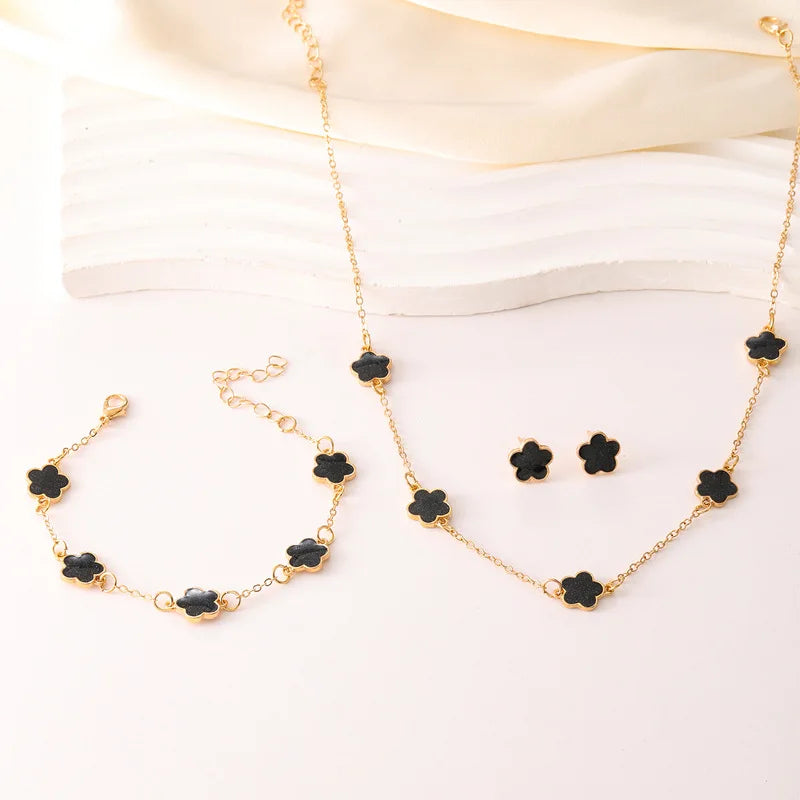 3-Piece Lucky Five-Petal Flower Jewelry Set - Necklace Bracelet Earrings