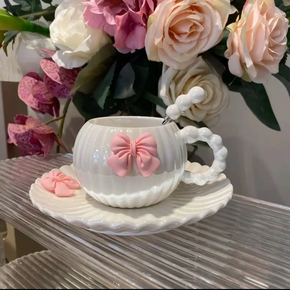 French Pink Bow Cup - Light Luxury Coffee Cup Set
