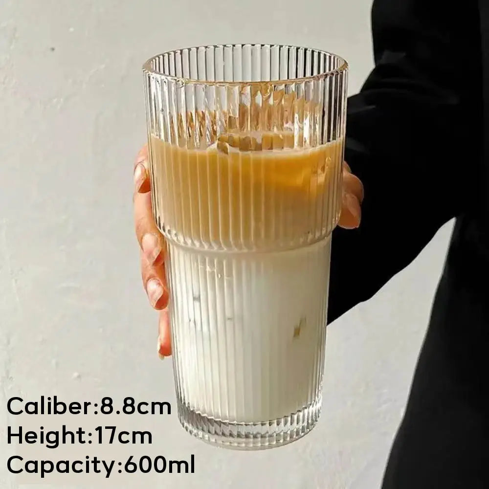 600ml Vertical Striped Glass Coffee Mug with Lid and Straw, Transparent Tea Mug for Americano, Cappuccino, Tea and Drinks