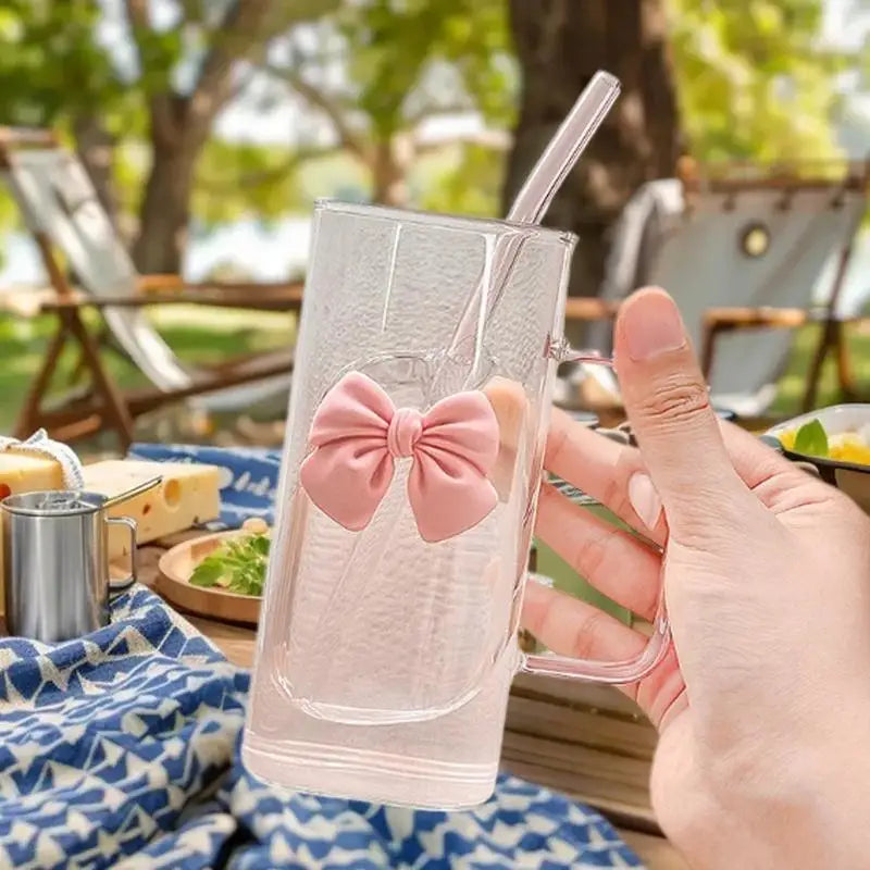 Cartoon Bow Glass Cute Striped Cup; Doodle Design, Suitable for Fruit Teas, Lemonade, Coffee Lover Girls Gift